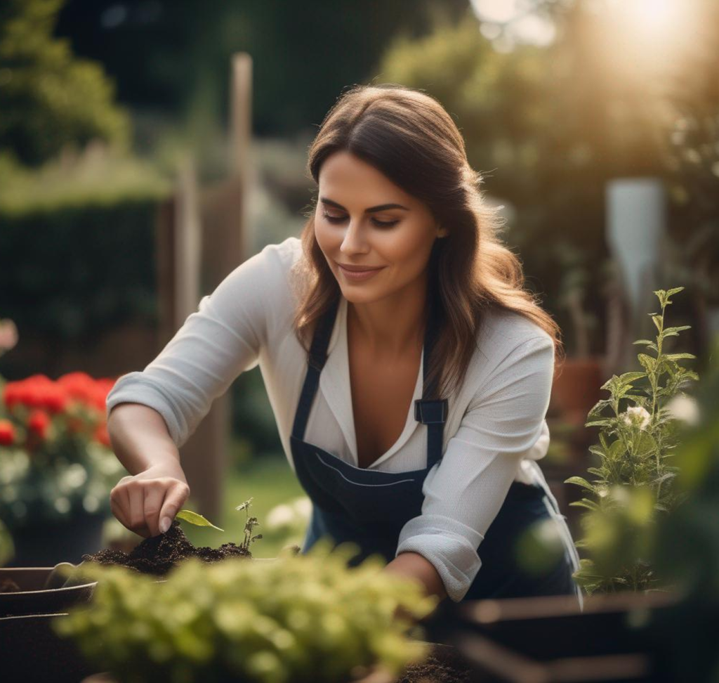 Woman smiling while working in yard.